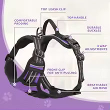 No Pull Soft Adjustable Pet Dog Harness Reflective Strips&Control Handle Purple